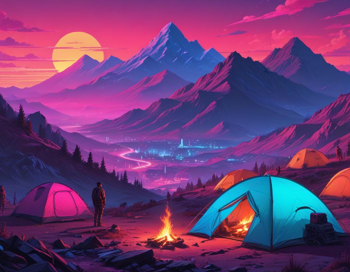 Man camping by campfire in neon mountains Man camping by campfire in neon mountains