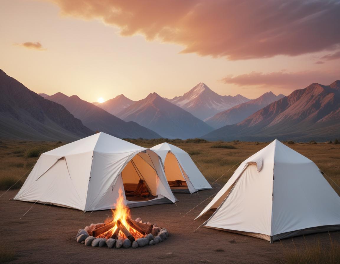 White tents and campfire in mountains White tents and campfire in mountains