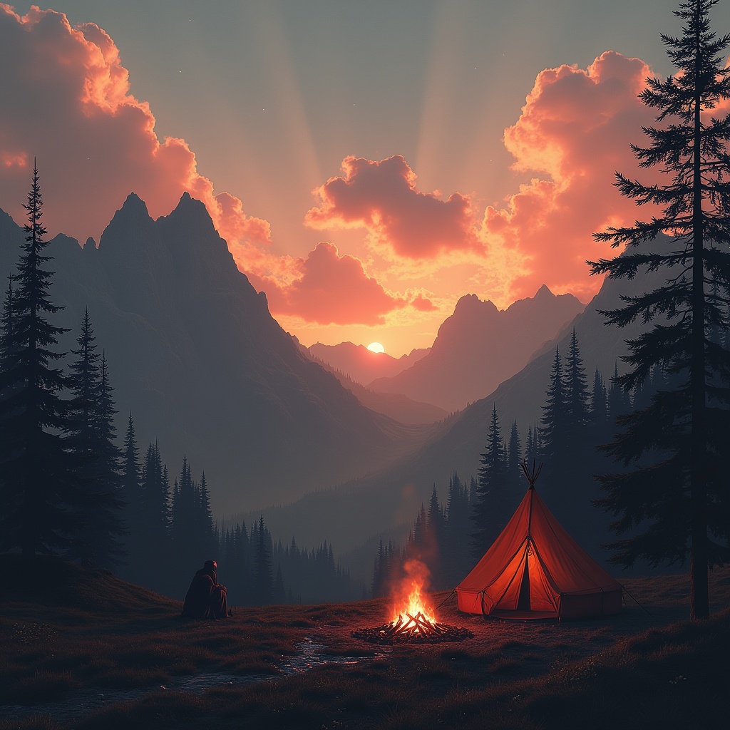 Campfire Tent Sunset Mountain Landscape Campfire Tent Sunset Mountain Landscape