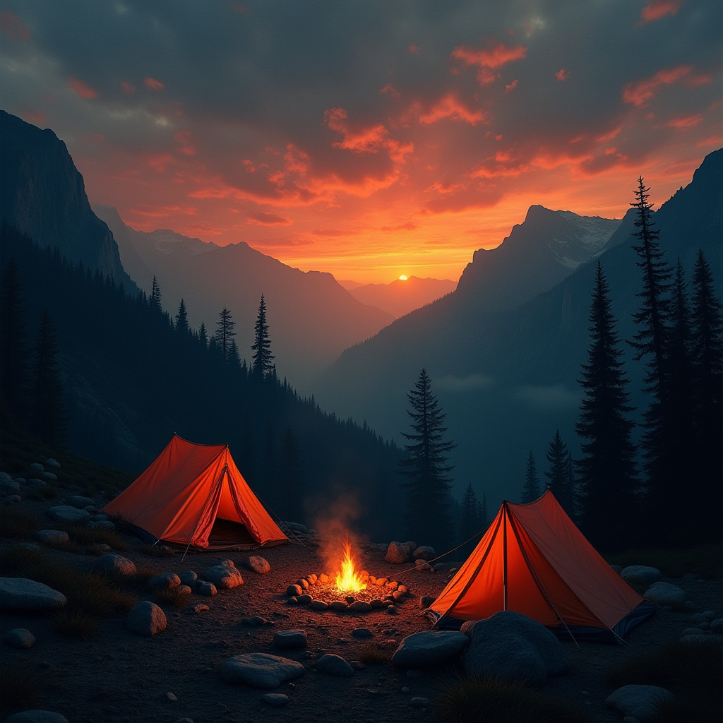 Campfire Between Tents at Sunset Mountains Campfire Between Tents at Sunset Mountains