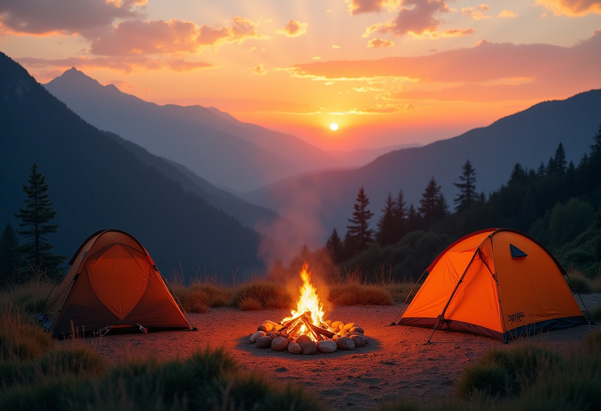 Campfire between tents at sunset mountains Campfire between tents at sunset mountains