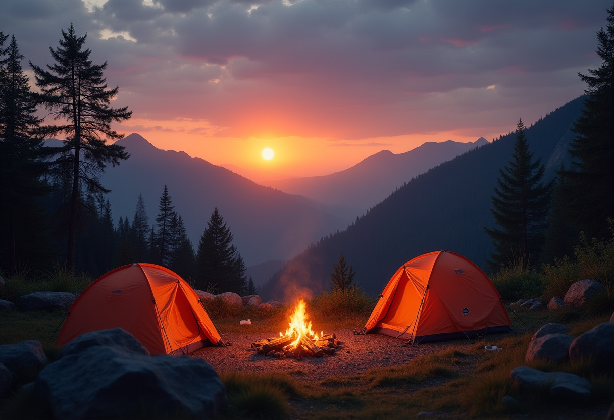 Two orange tents by campfire at sunset Two orange tents by campfire at sunset