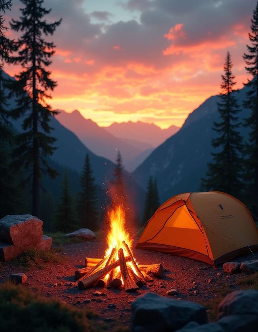 Campfire and Tent at Sunset Mountains Campfire and Tent at Sunset Mountains