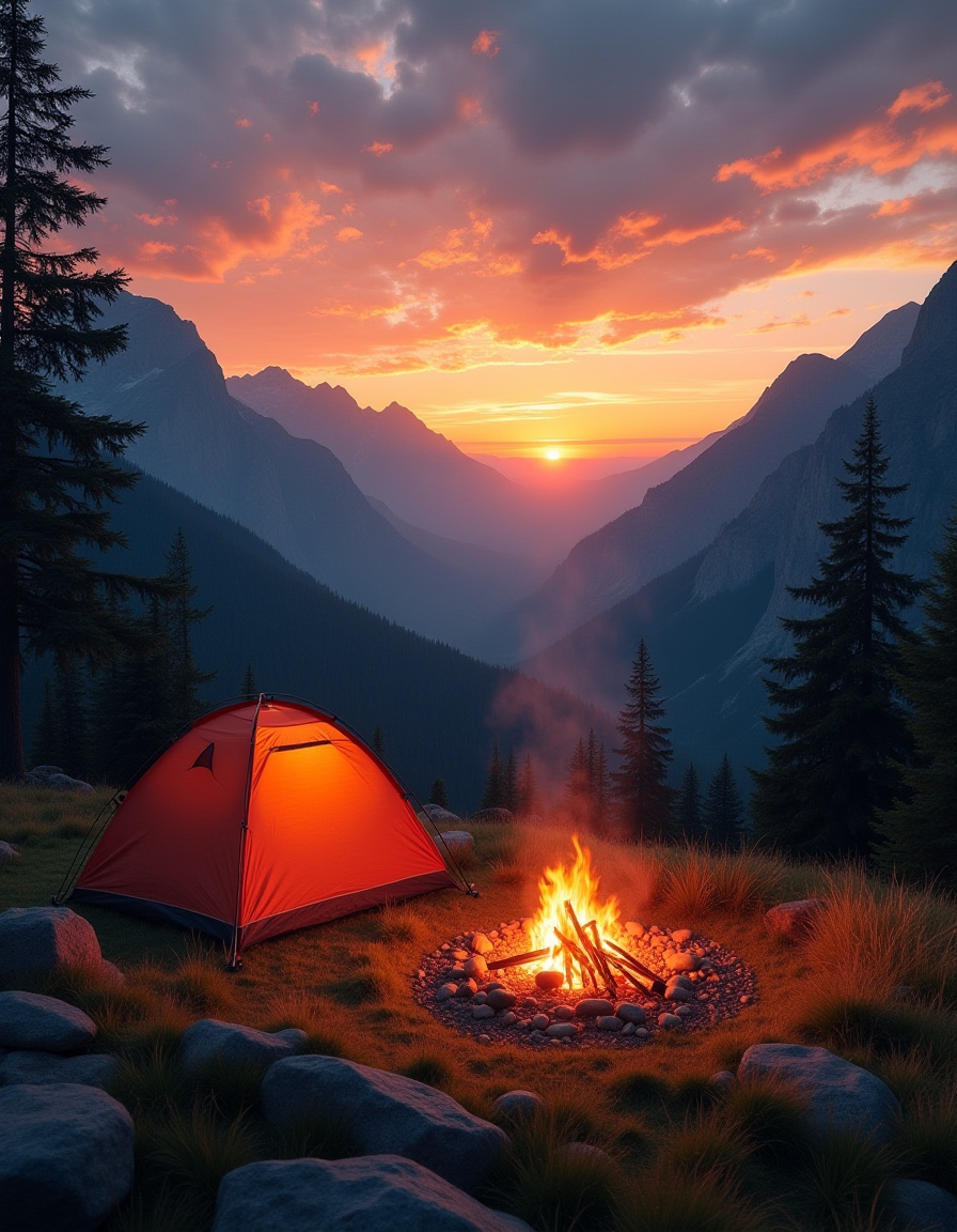 Orange tent by campfire at mountain sunset Orange tent by campfire at mountain sunset