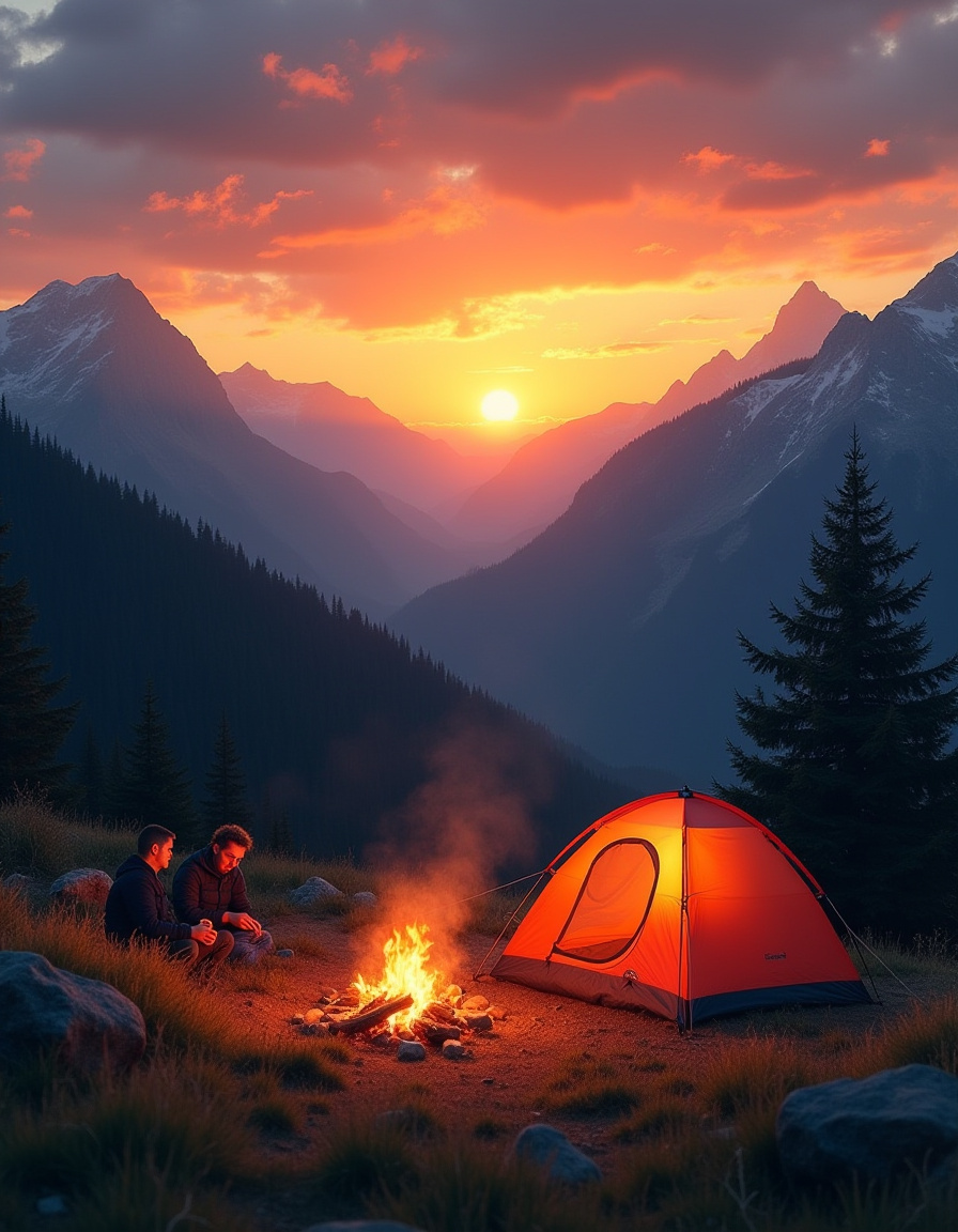 Men camping by campfire at sunset mountains Men camping by campfire at sunset mountains