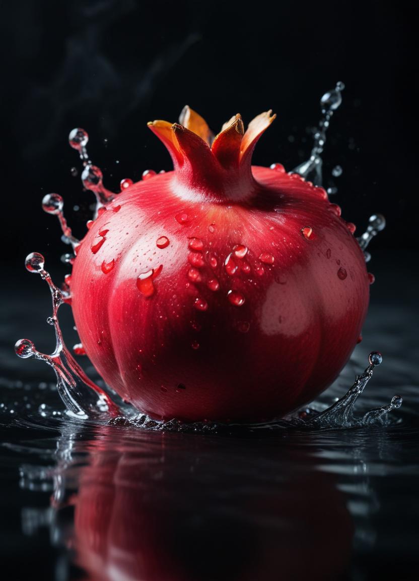 Pomegranate with splashing water droplets Pomegranate with splashing water droplets