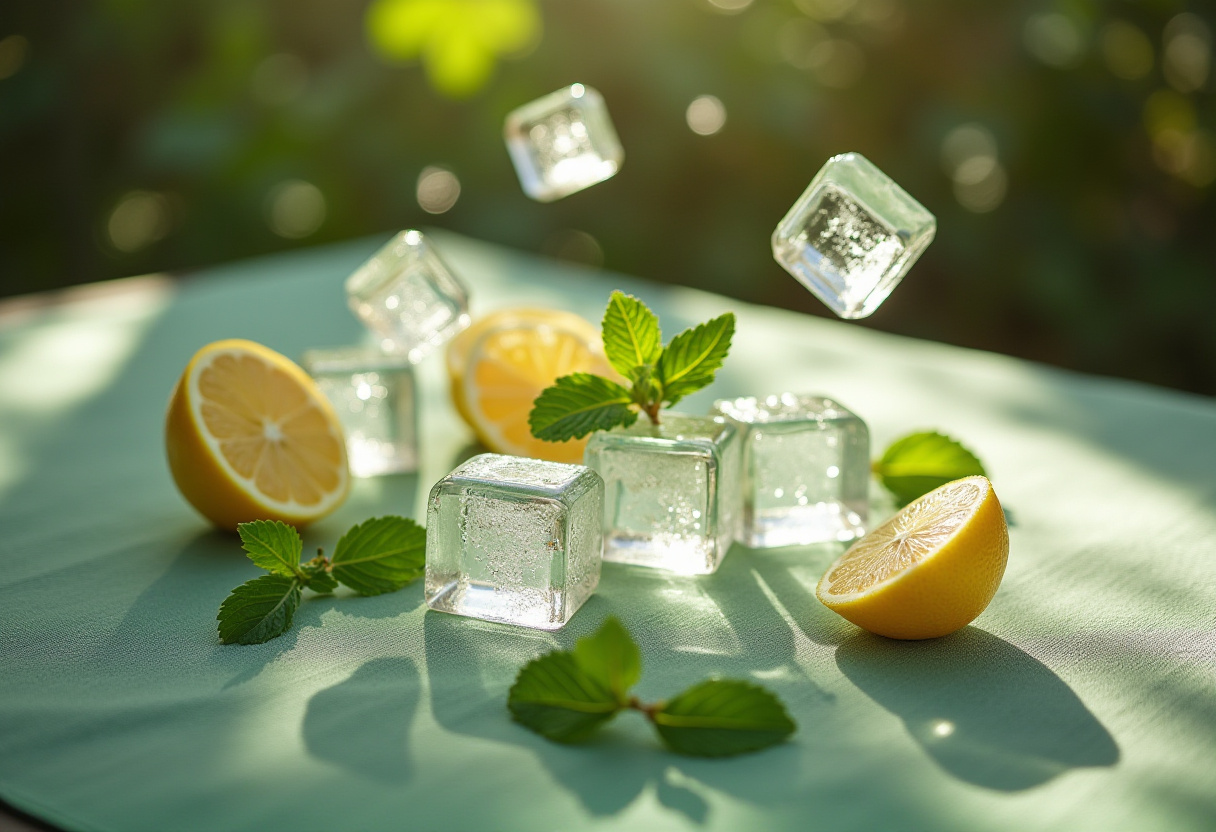 Fresh lemon slices and ice cubes displayed in sunlight Fresh lemon slices and ice cubes displayed in sunlight