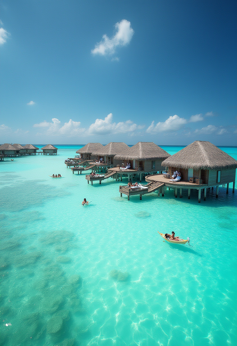 Tropical paradise with overwater bungalows by calm waters Tropical paradise with overwater bungalows by calm waters