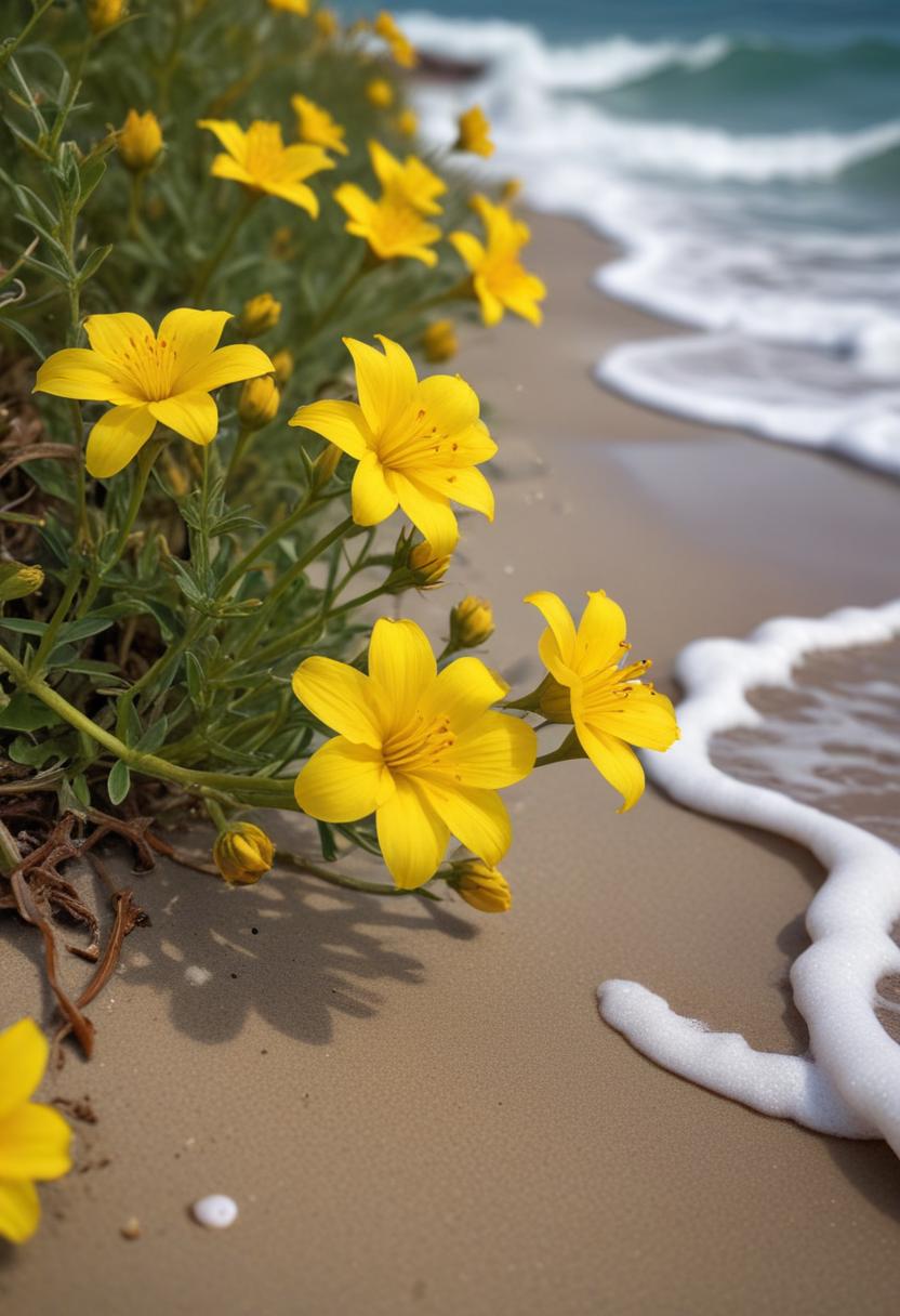 Vibrant yellow flowers bloom near the shore Vibrant yellow flowers bloom near the shore