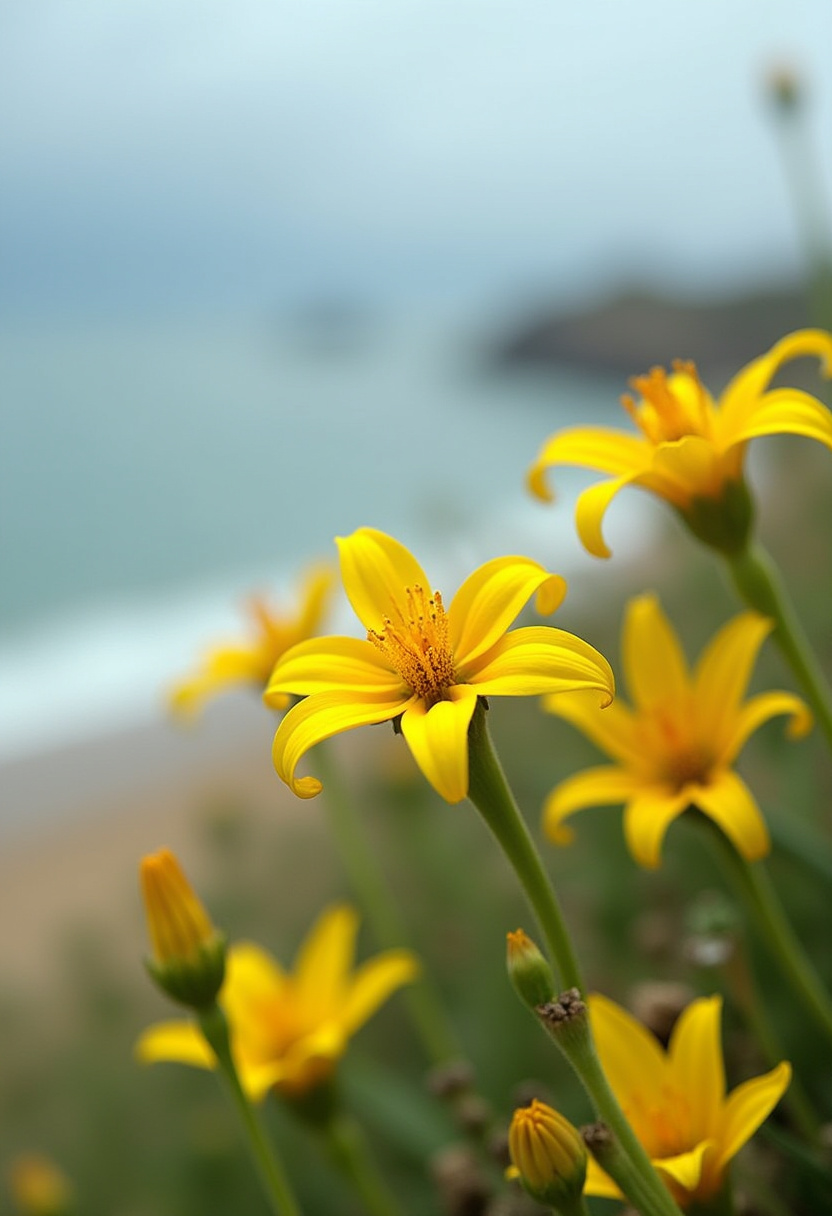 Bright yellow flowers blooming near a beach Bright yellow flowers blooming near a beach