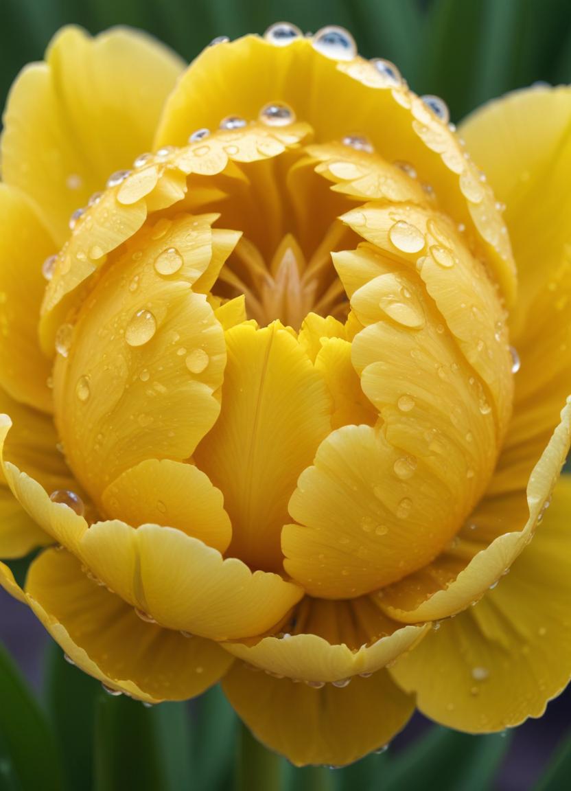 Vibrant yellow tulip blooms after refreshing rain shower Vibrant yellow tulip blooms after refreshing rain shower