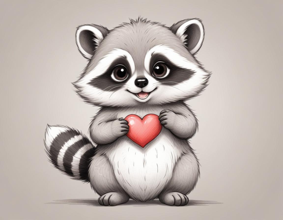 Cute raccoon holding a heart in a playful pose Cute raccoon holding a heart in a playful pose