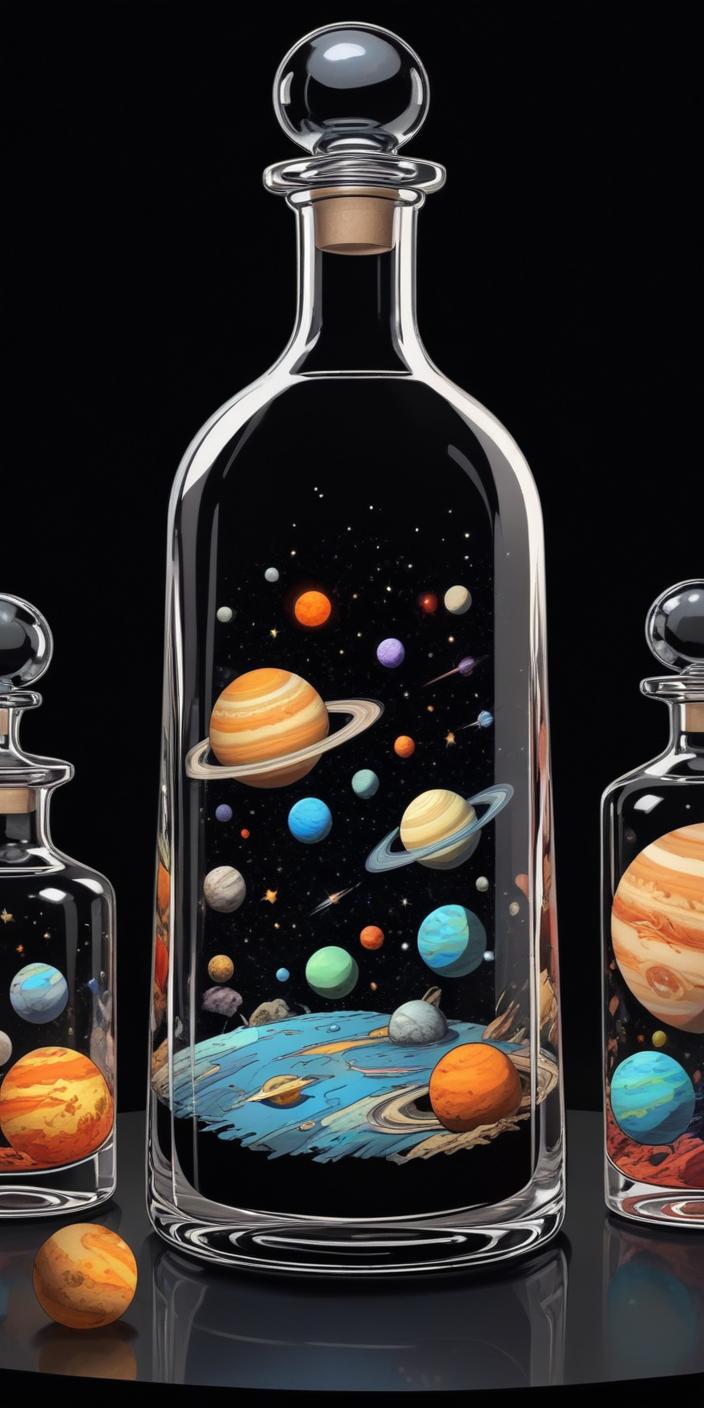 Cosmic planets inside glass bottles with intricate designs Cosmic planets inside glass bottles with intricate designs
