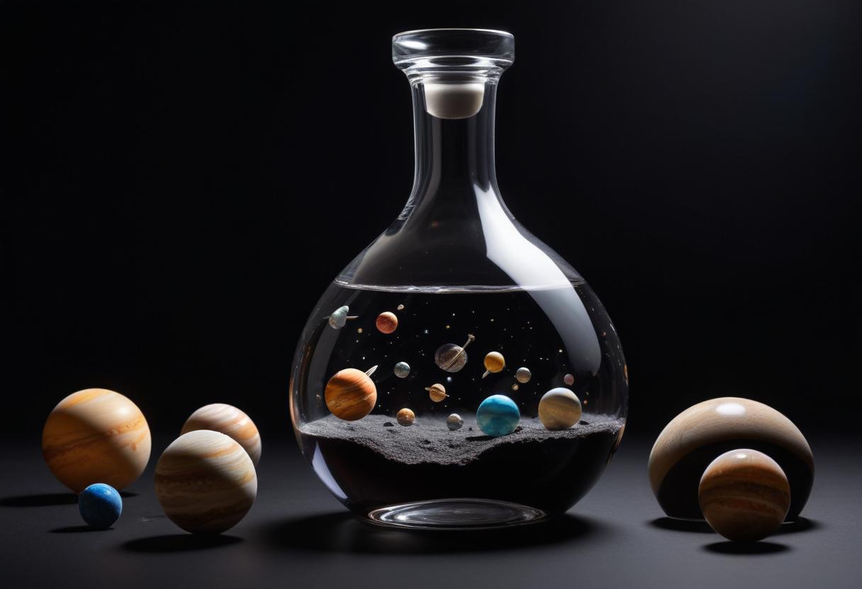 Planets float in a glass vessel on a dark background Planets float in a glass vessel on a dark background