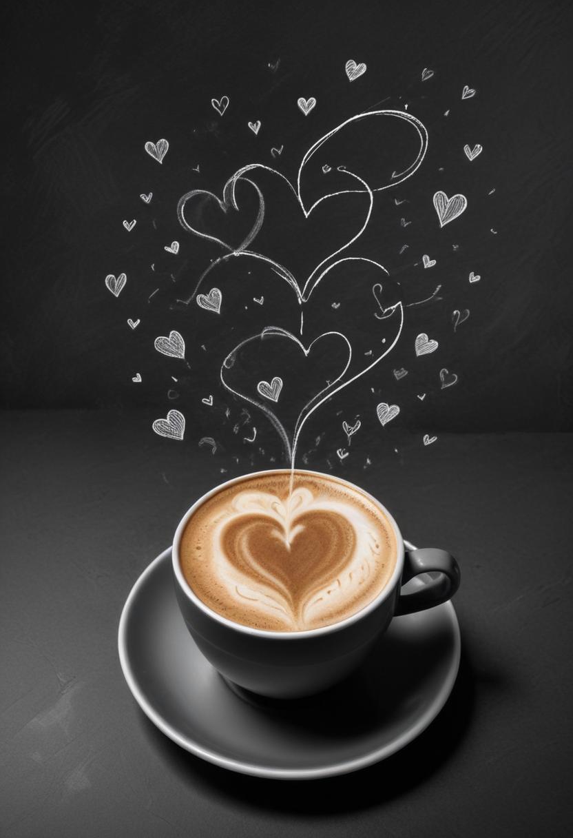 Heart-shaped latte art with love-themed decorations Heart-shaped latte art with love-themed decorations