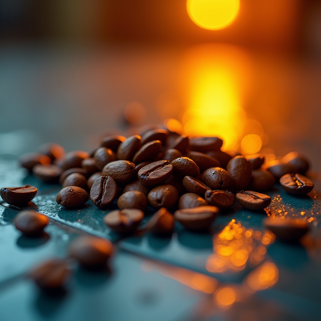 Coffee beans resting on a surface during sunset glow Coffee beans resting on a surface during sunset glow