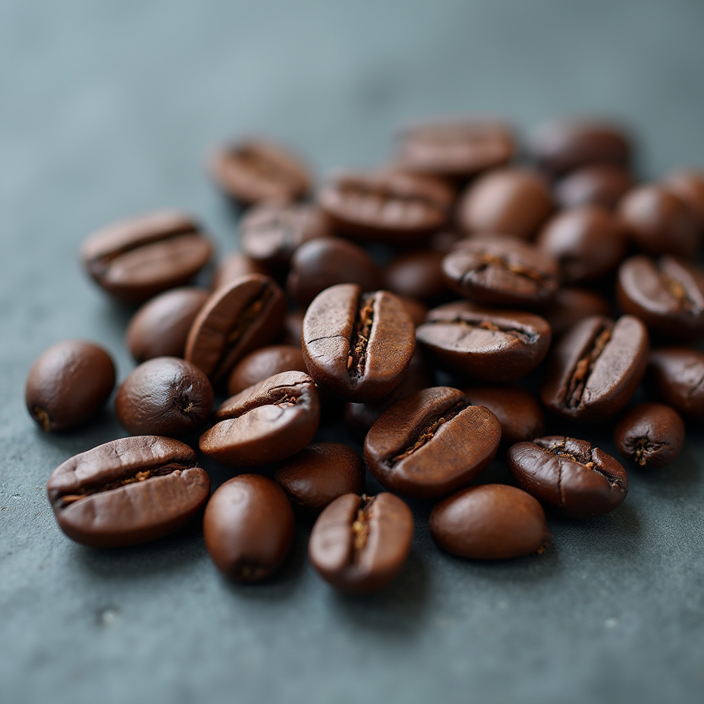 Dark roasted coffee beans arranged on a surface Dark roasted coffee beans arranged on a surface