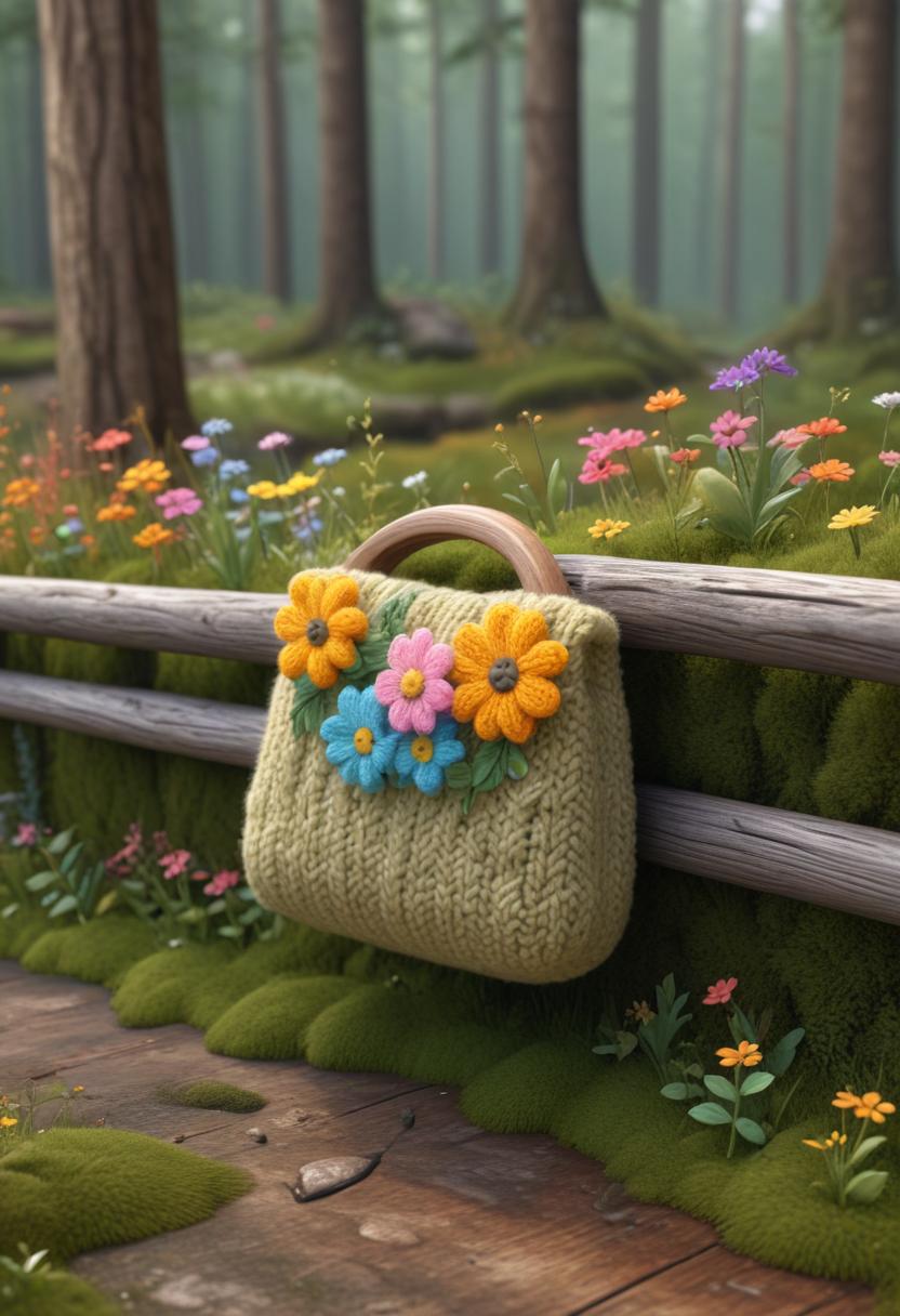 Handmade crochet bag adorned with flowers in a forest Handmade crochet bag adorned with flowers in a forest