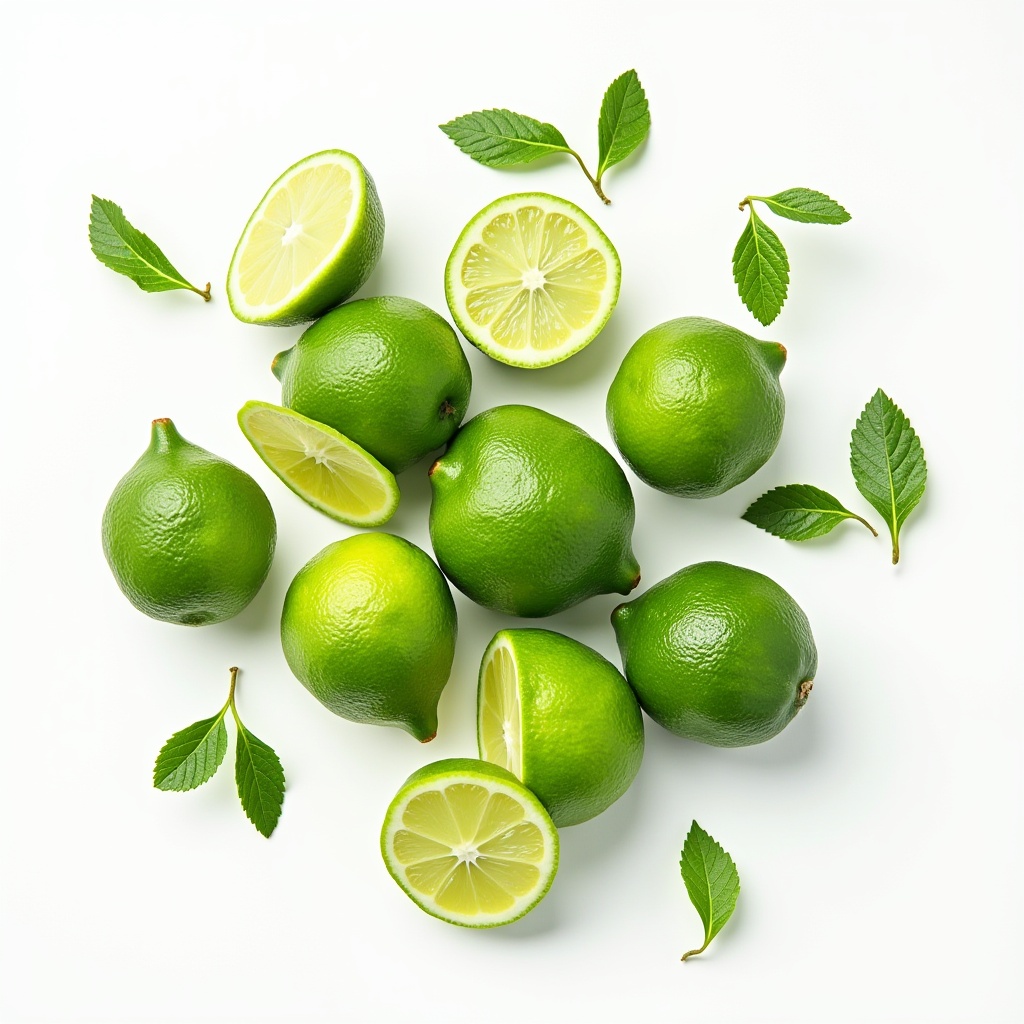 Fresh limes arranged on a clean surface with green leaves Fresh limes arranged on a clean surface with green leaves