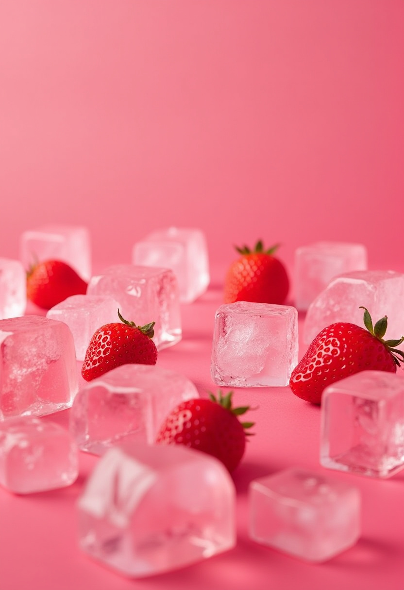 Ice cubes and fresh strawberries on pink background Ice cubes and fresh strawberries on pink background
