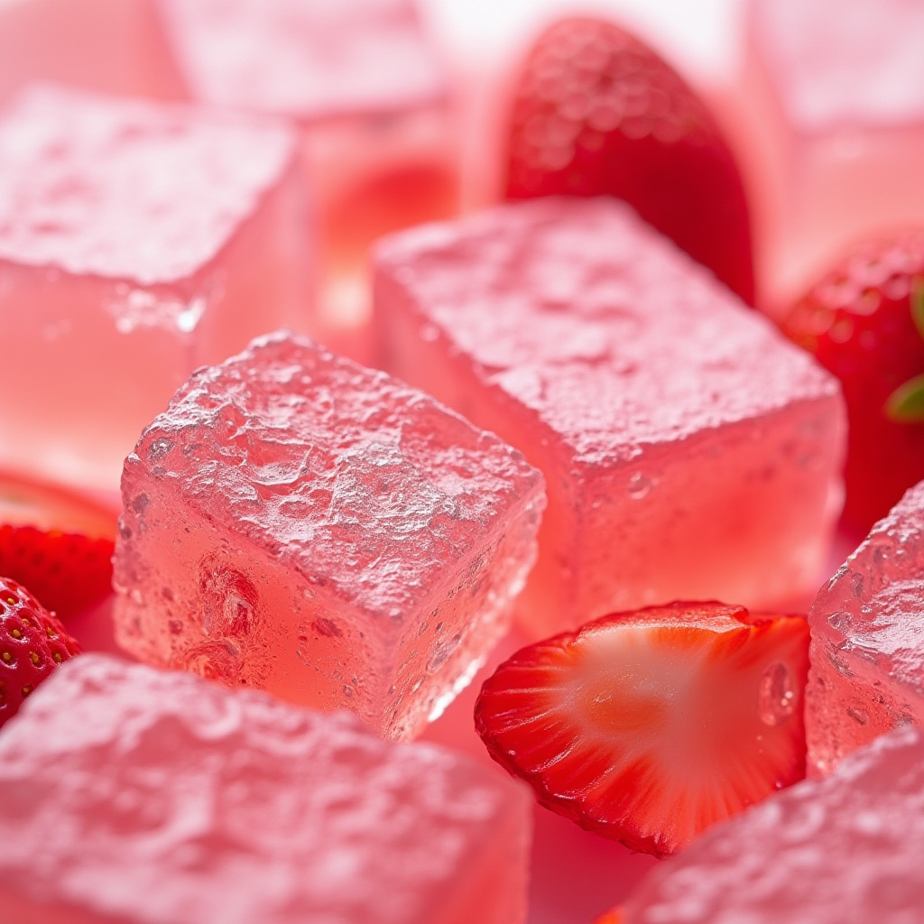 Bright pink jelly squares surrounded by fresh strawberries Bright pink jelly squares surrounded by fresh strawberries