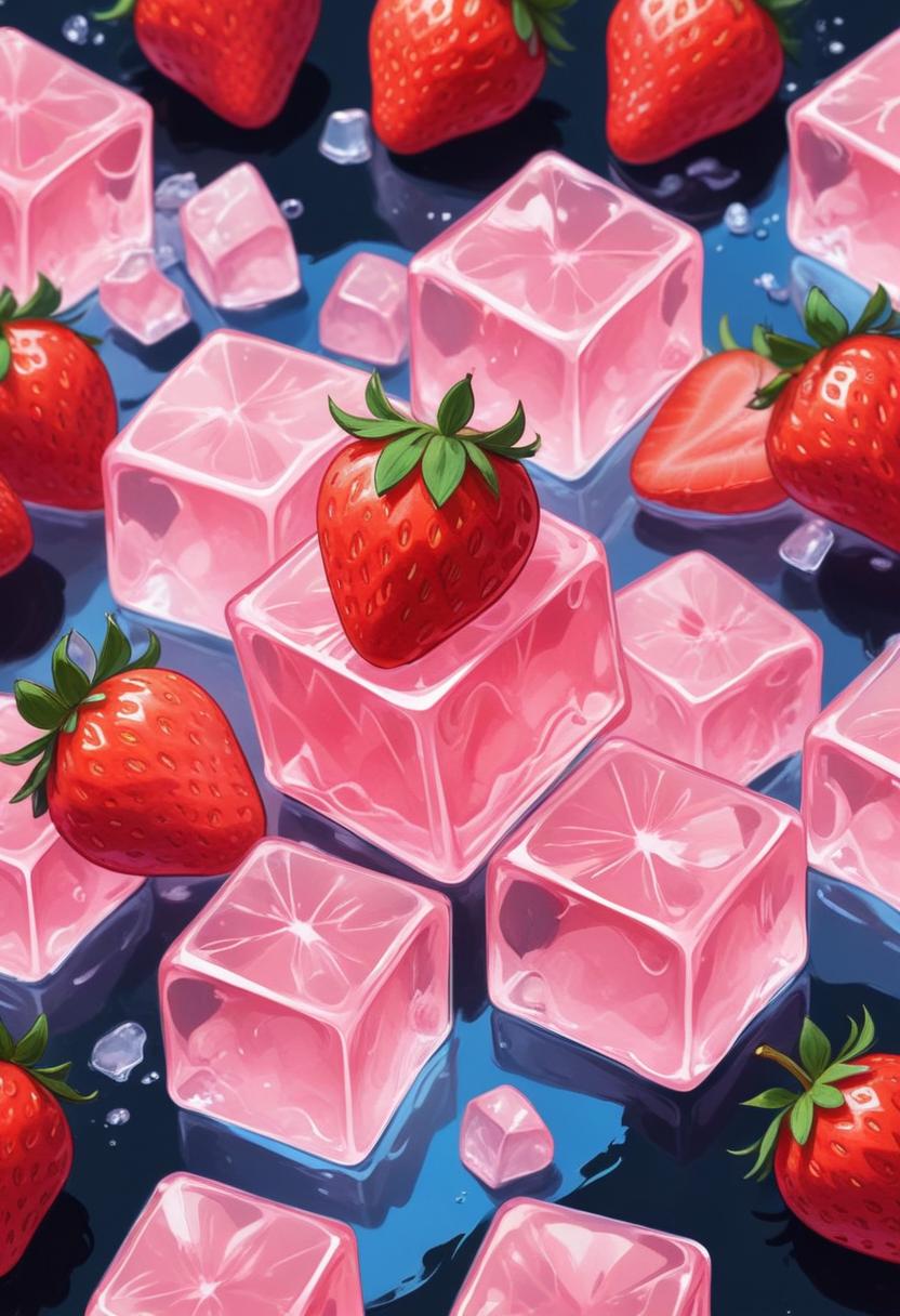 Cool strawberries and ice on a bright backdrop Cool strawberries and ice on a bright backdrop