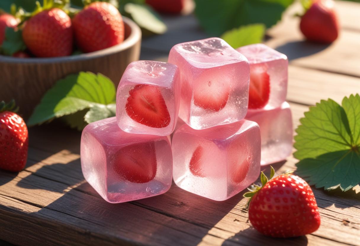 Refreshing strawberry ice cubes on wooden table Refreshing strawberry ice cubes on wooden table