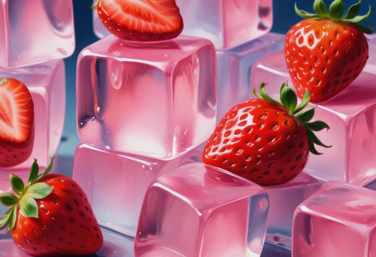 Fresh strawberries on ice cubes create a refreshing display Fresh strawberries on ice cubes create a refreshing display