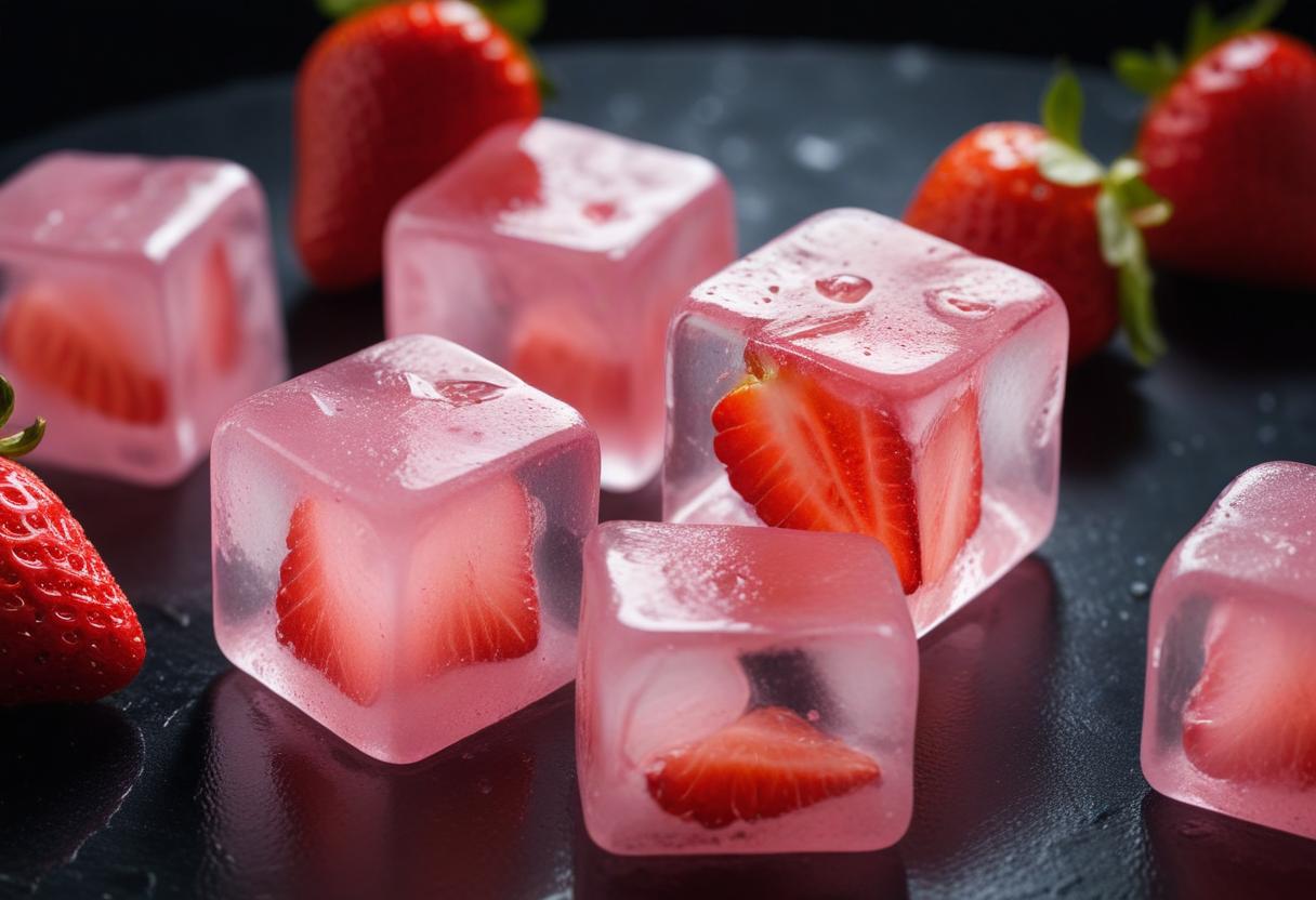 Frozen strawberry ice cubes sit on a dark surface Frozen strawberry ice cubes sit on a dark surface