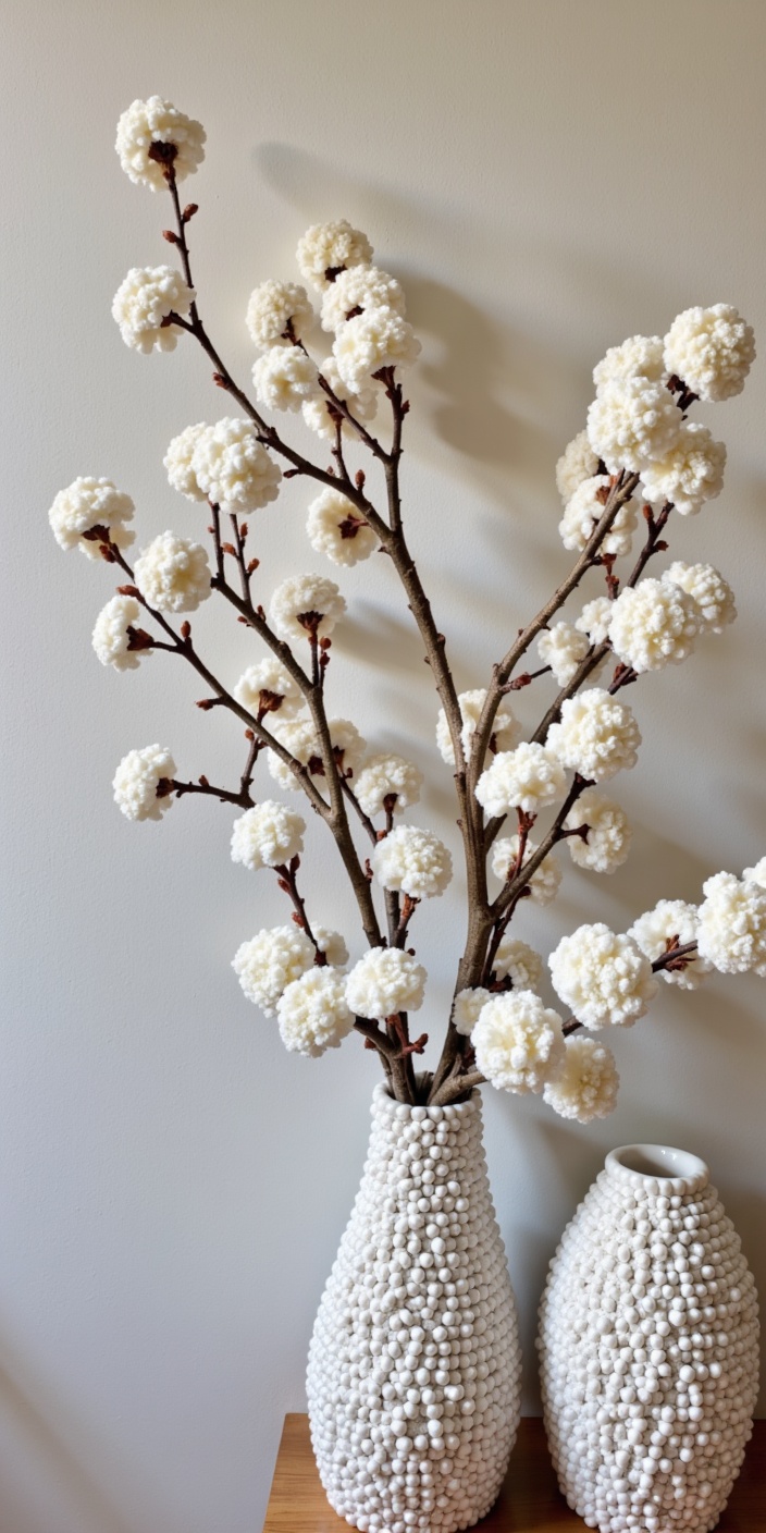 Beautiful decorative branches with white flowers in vases Beautiful decorative branches with white flowers in vases