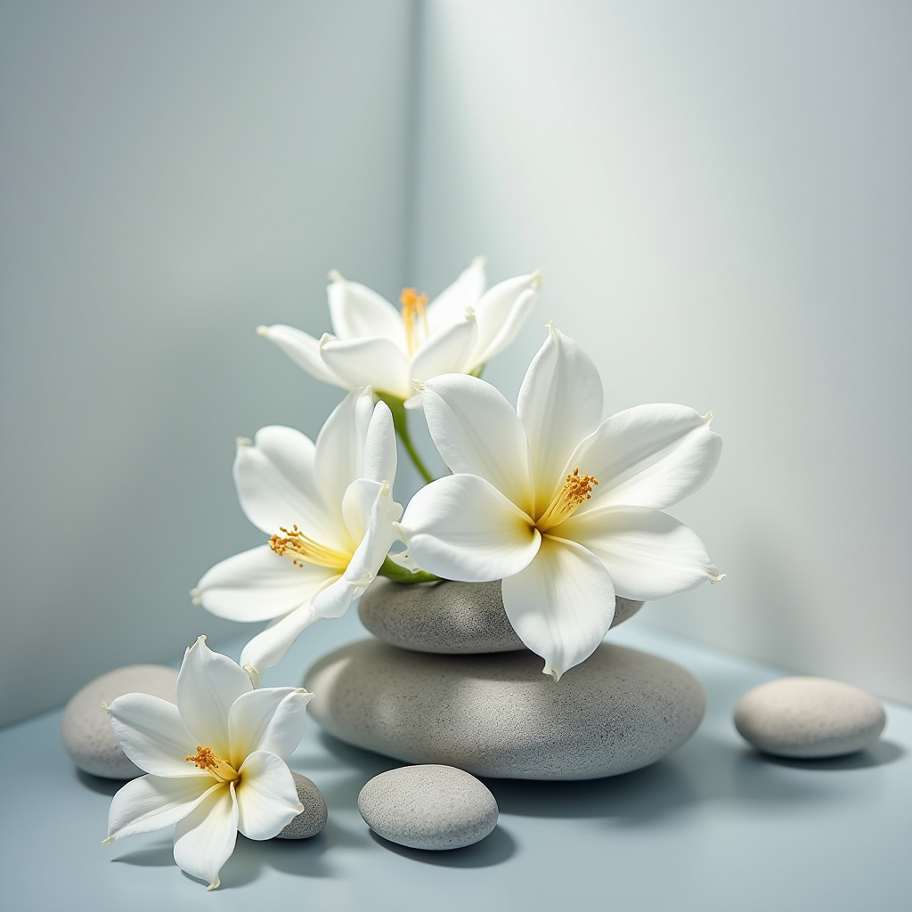 Beautiful white flowers arranged on smooth stones Beautiful white flowers arranged on smooth stones