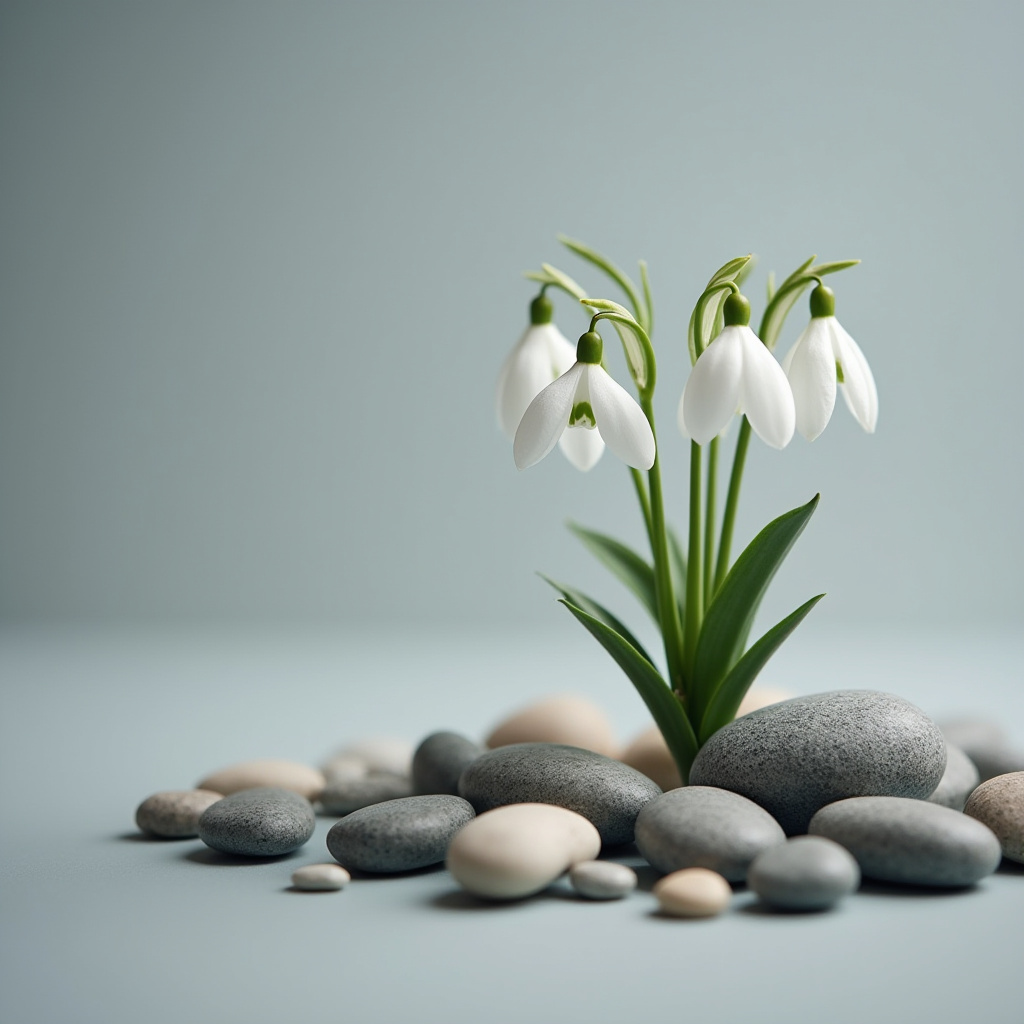 Snowdrop flowers blooming among smooth stones Snowdrop flowers blooming among smooth stones