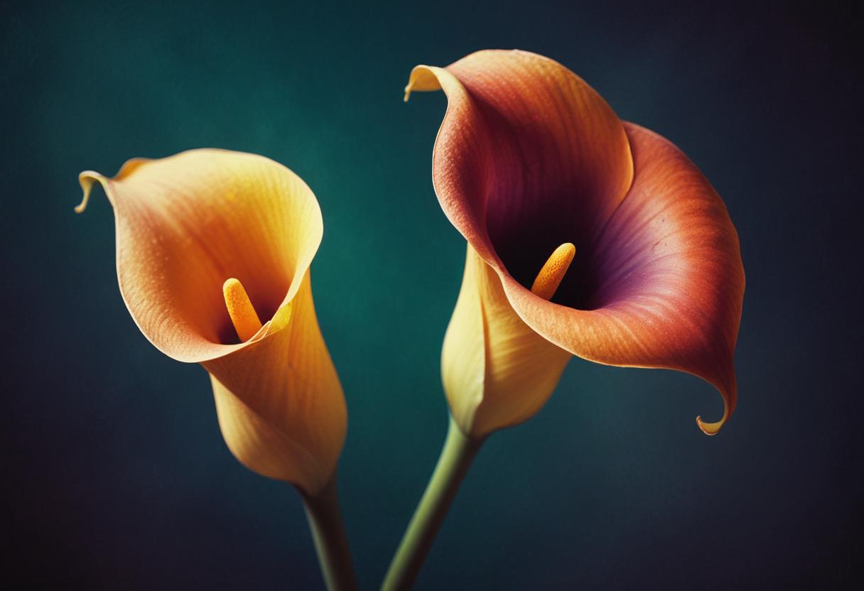 Vibrant calla lilies blooming in serene backdrop Vibrant calla lilies blooming in serene backdrop