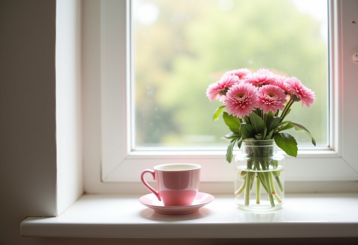 Fresh flowers and tea cup on a sunny windowsill Fresh flowers and tea cup on a sunny windowsill