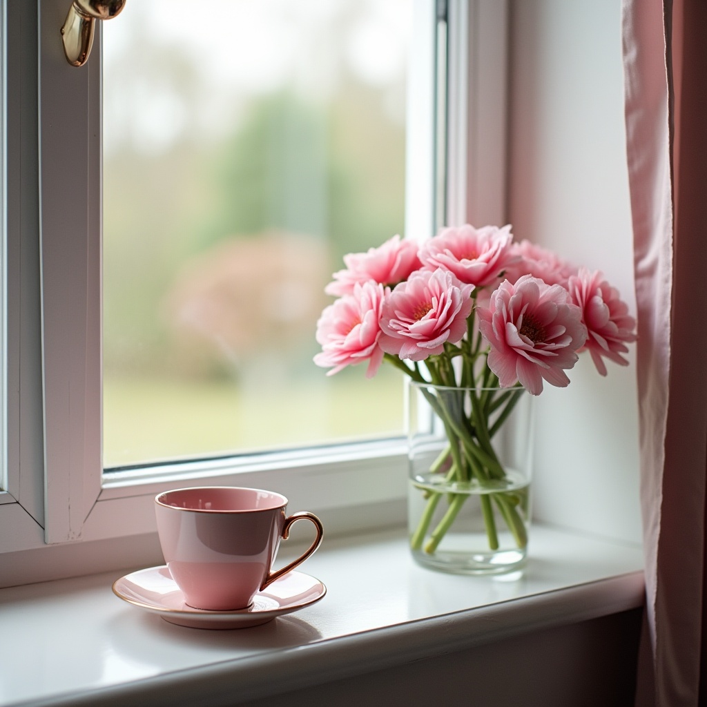 Cozy window view with flowers and tea in the afternoon Cozy window view with flowers and tea in the afternoon