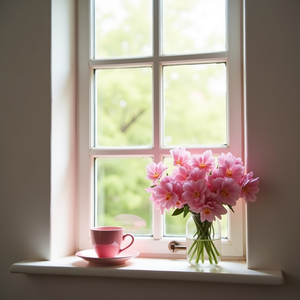Morning light illuminates flowers and tea cup on window Morning light illuminates flowers and tea cup on window