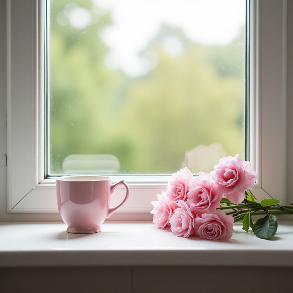 Window view with a pink cup and fresh roses Window view with a pink cup and fresh roses