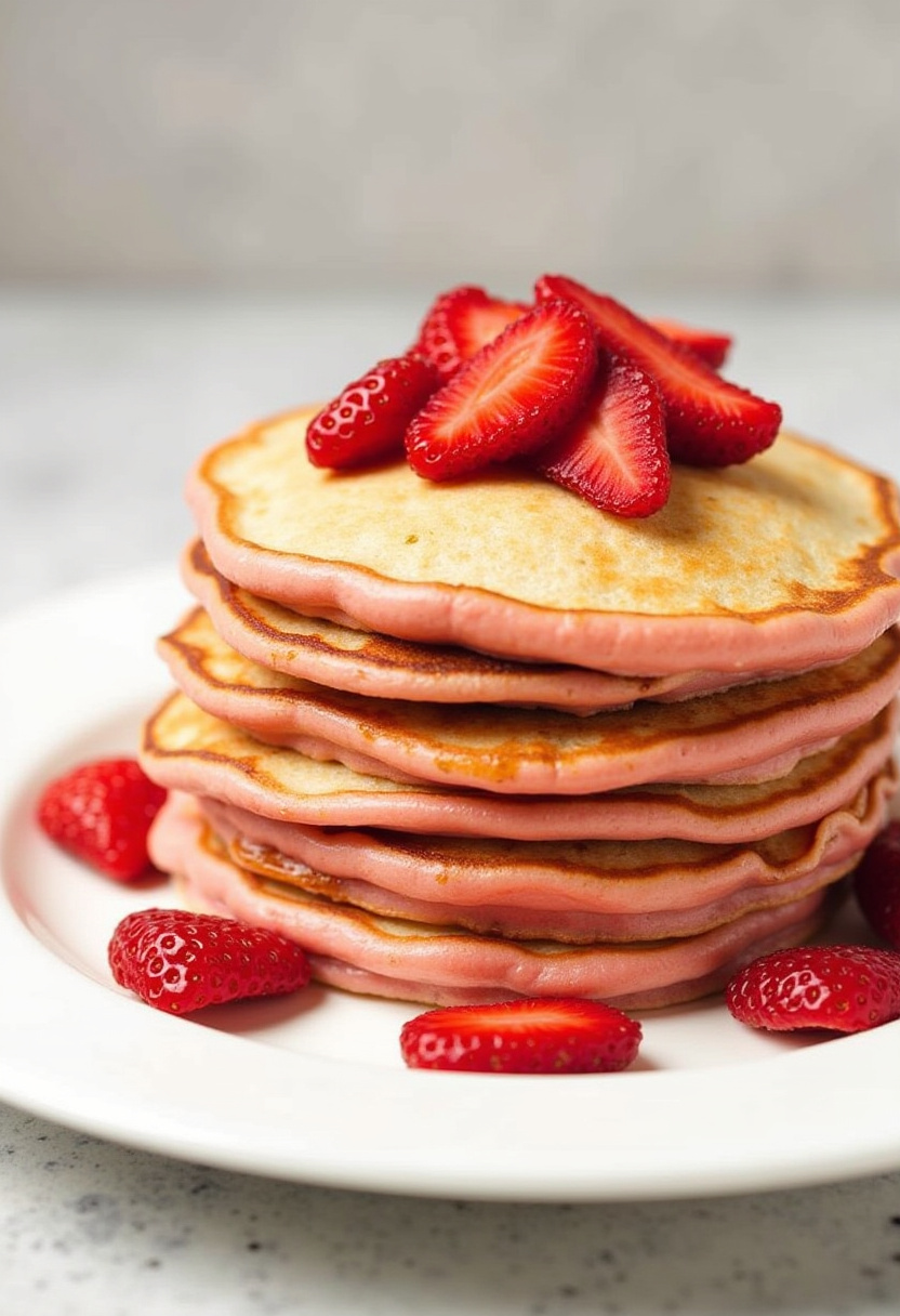 Fluffy pancakes topped with fresh strawberries for breakfast Fluffy pancakes topped with fresh strawberries for breakfast