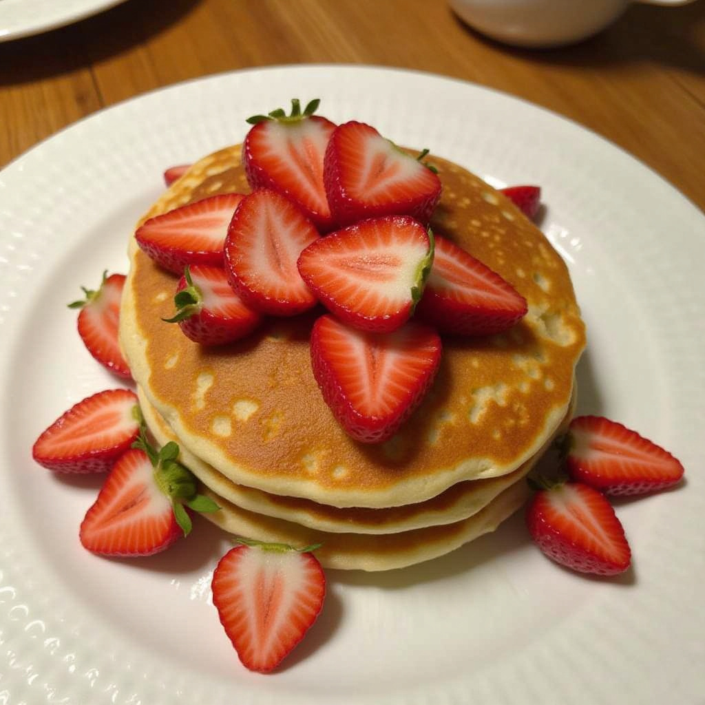 Delicious strawberry pancakes served on a white plate Delicious strawberry pancakes served on a white plate