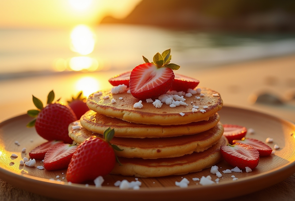 Delicious pancakes with strawberries on the beach at sunset Delicious pancakes with strawberries on the beach at sunset