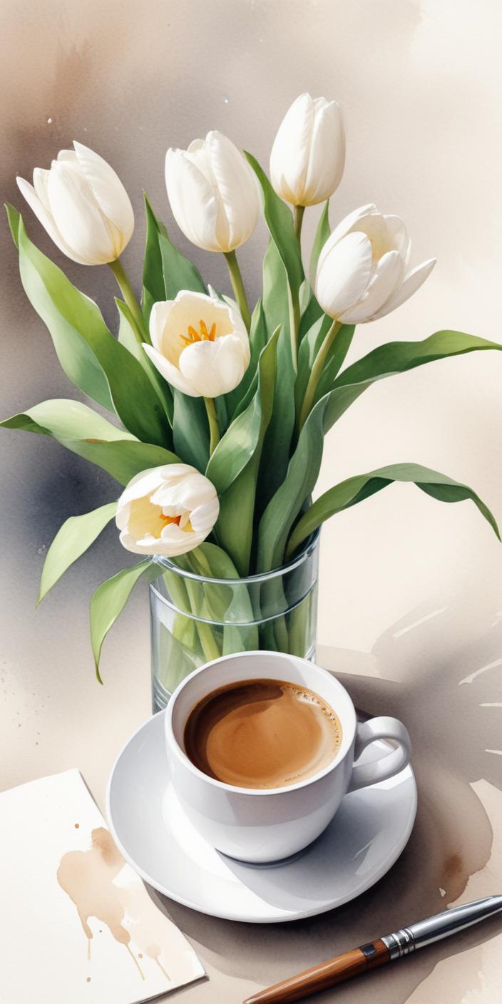 Fresh flowers and coffee create a serene morning atmosphere Fresh flowers and coffee create a serene morning atmosphere