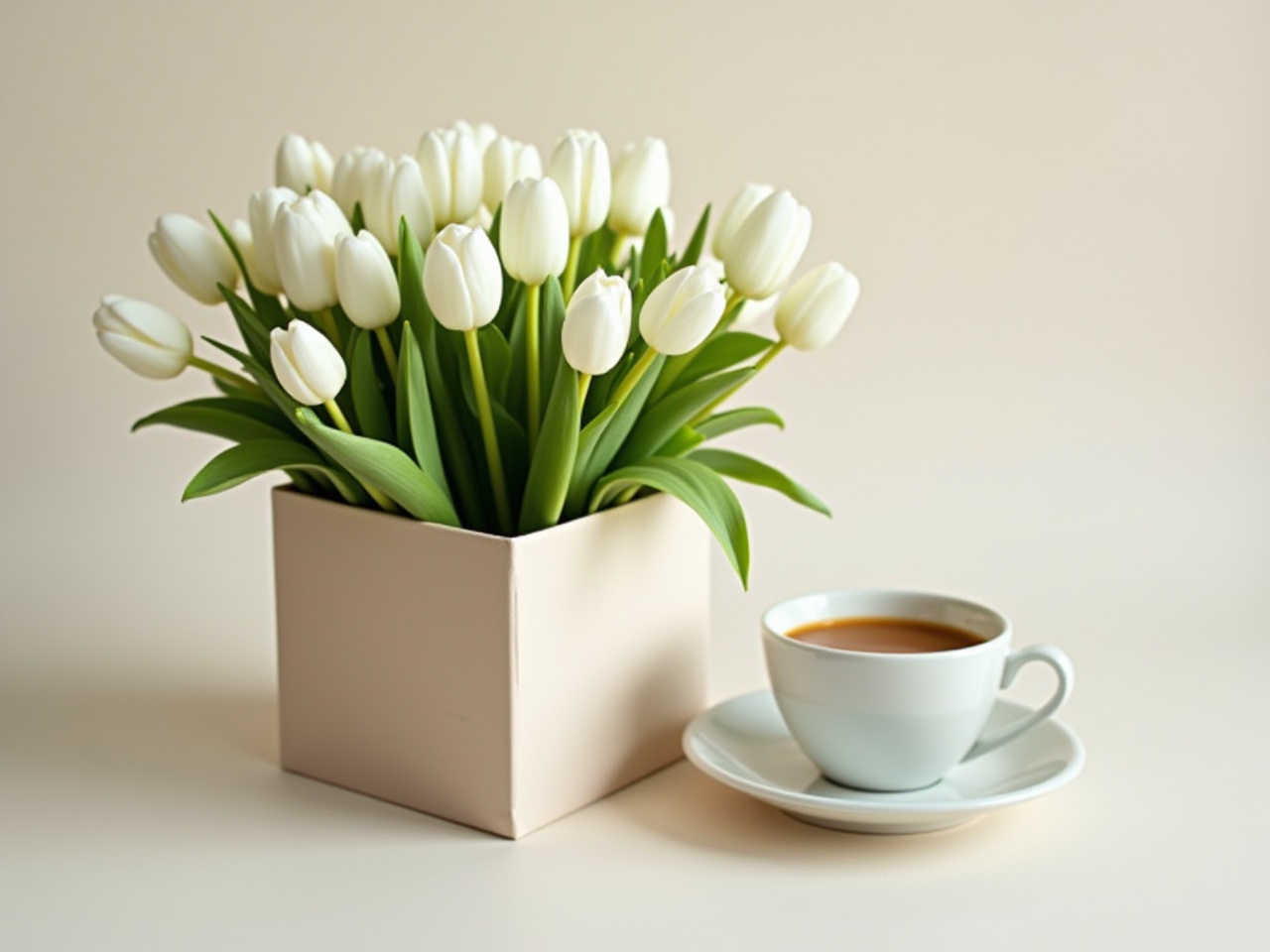 Fresh white tulips and coffee cup on a soft background Fresh white tulips and coffee cup on a soft background