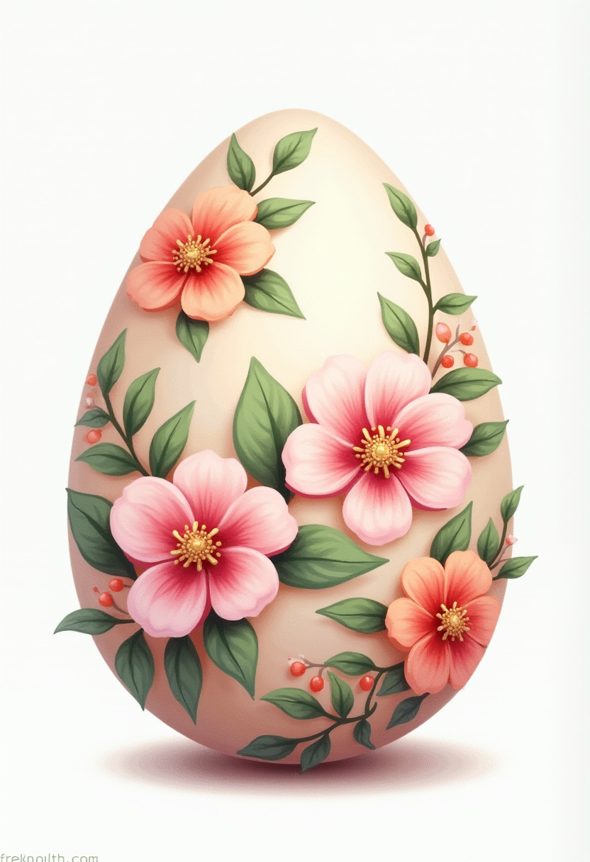 Floral designed egg with vibrant flowers and leaves Floral designed egg with vibrant flowers and leaves