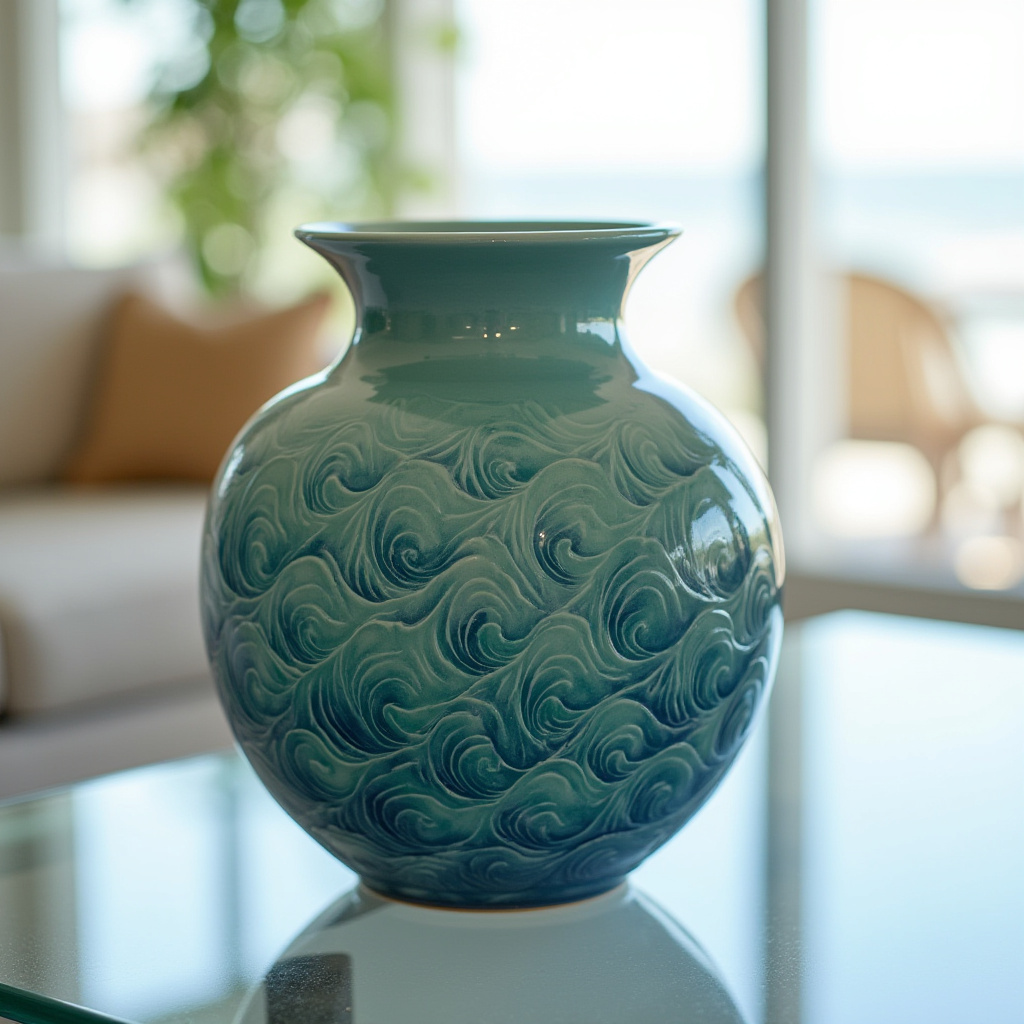 Unique ceramic vase with wave design in bright light Unique ceramic vase with wave design in bright light