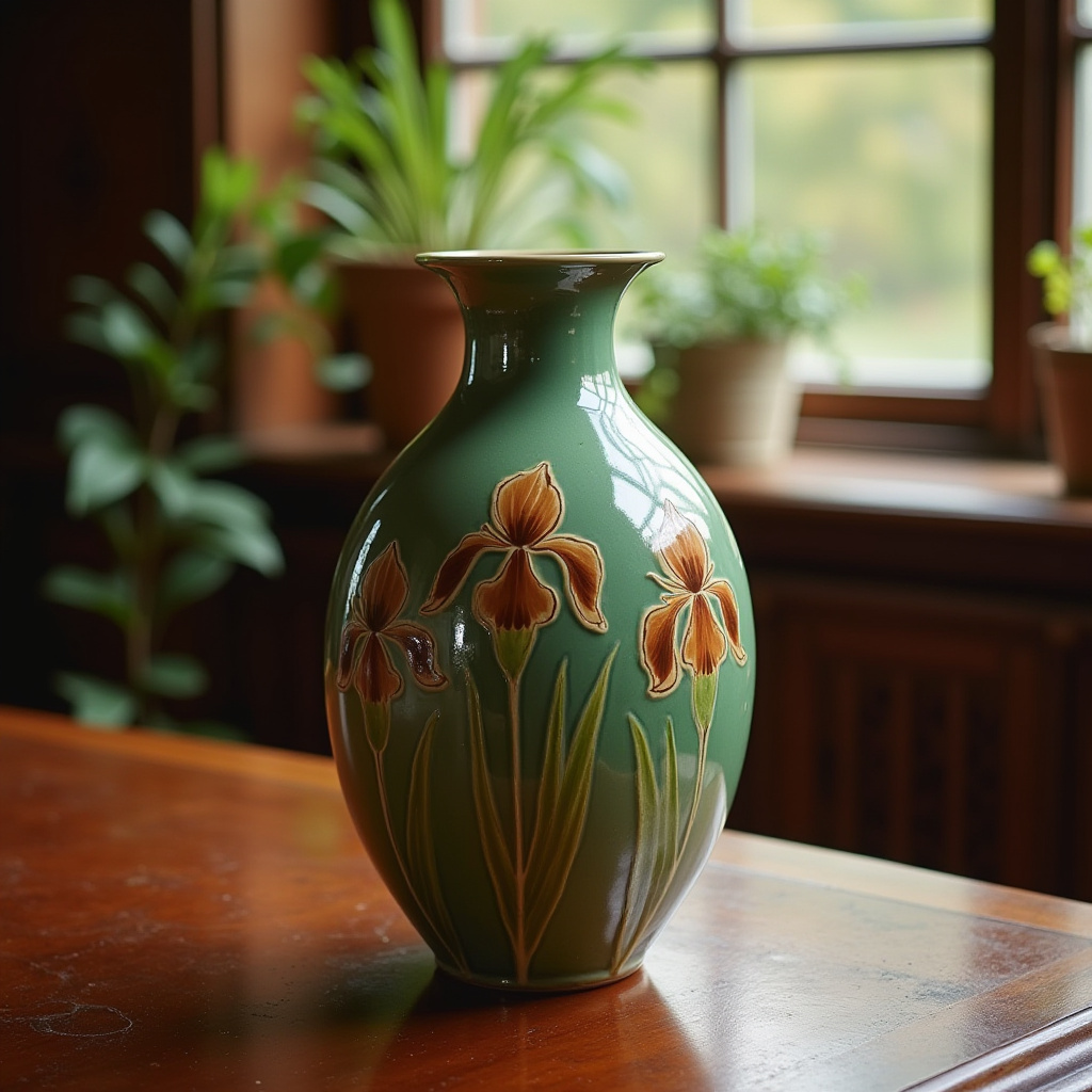 Beautiful ceramic vase with floral design on a table Beautiful ceramic vase with floral design on a table