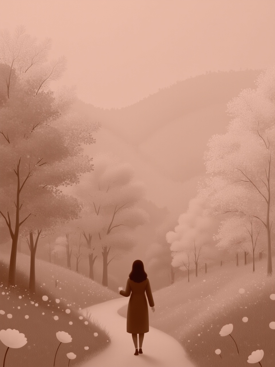 Woman walking through a serene landscape in autumn Woman walking through a serene landscape in autumn