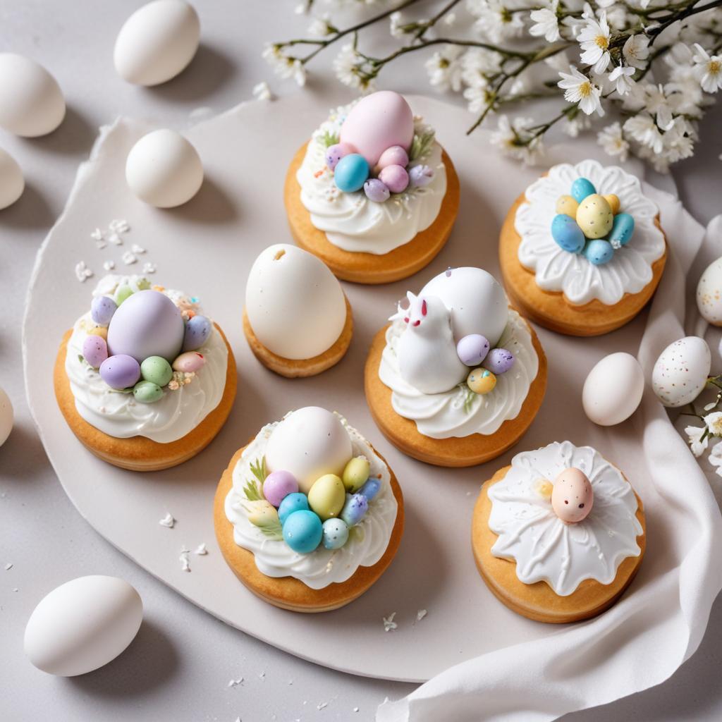 Easter-themed desserts with colorful decorations and eggs