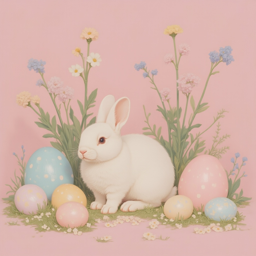 White rabbit surrounded by pastel eggs and flowers White rabbit surrounded by pastel eggs and flowers
