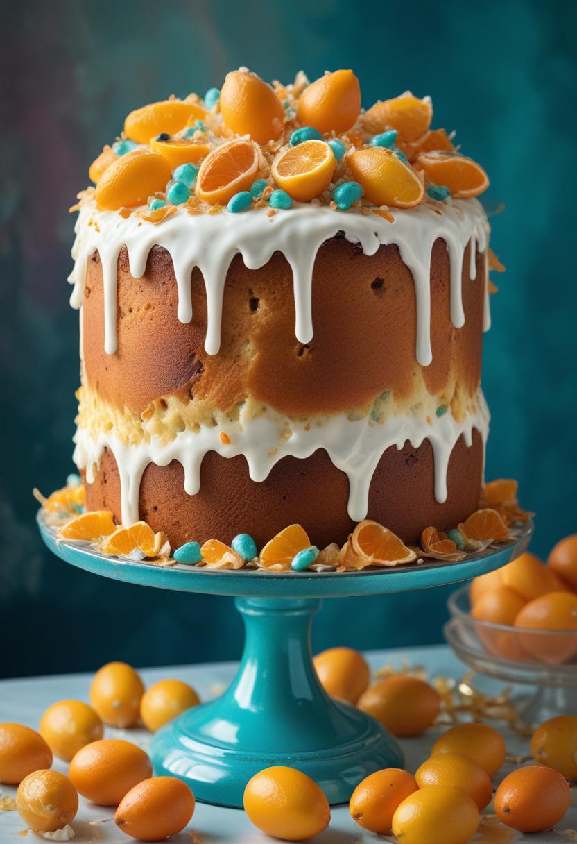 Delicious layered cake decorated with golden fruits Delicious layered cake decorated with golden fruits