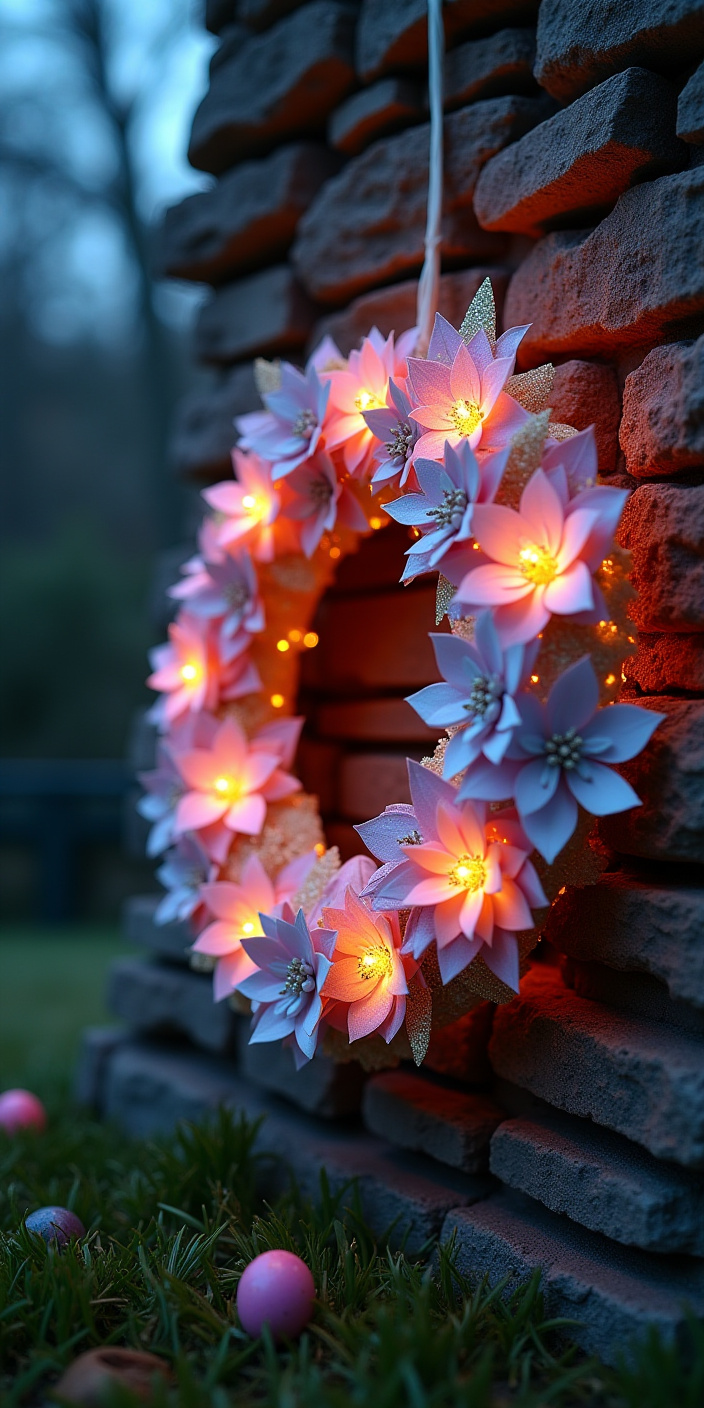 Decorative floral wreath with lights on stone wall Decorative floral wreath with lights on stone wall